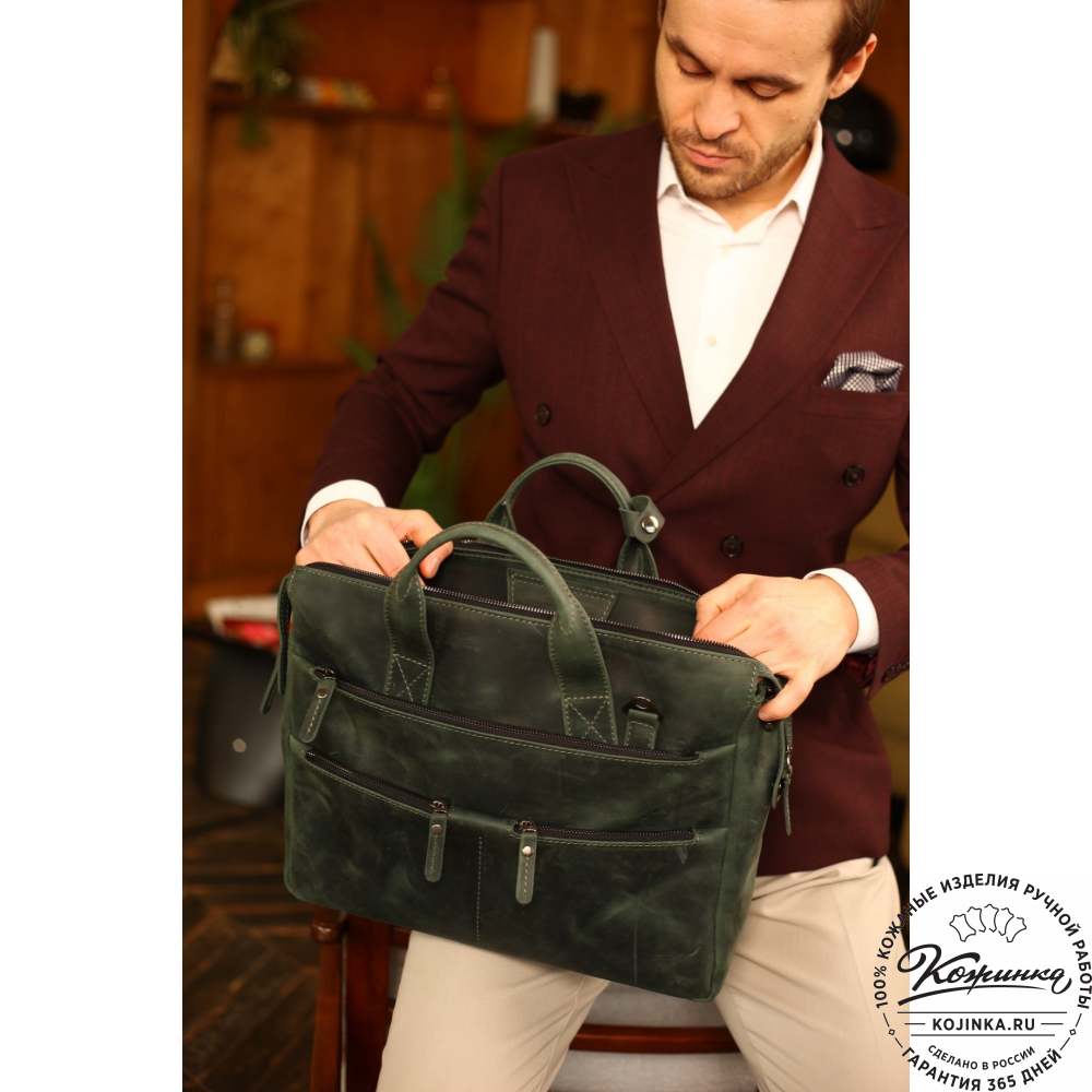 Кожаная деловая сумка "Марк" (изумруд крейзи)